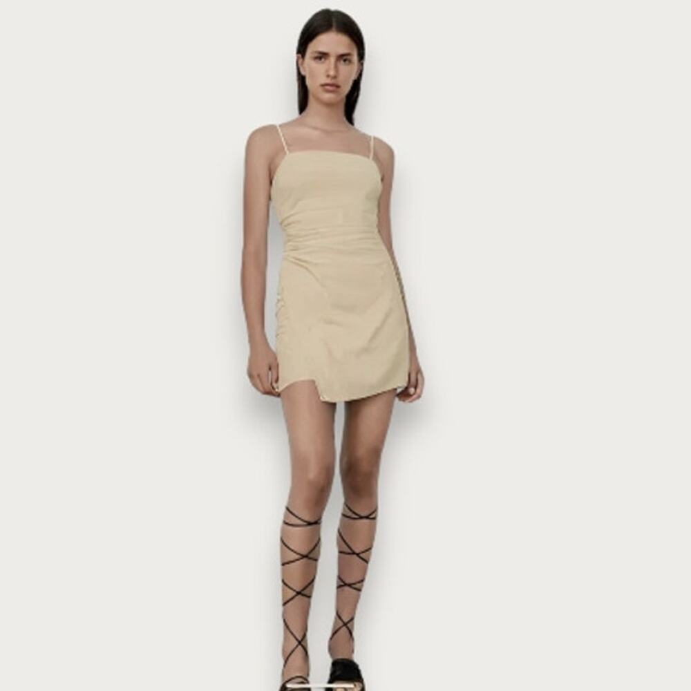 Zara Cream Mini Dress Small Ruched Slit Linen Goddess Spaghetti Strap
